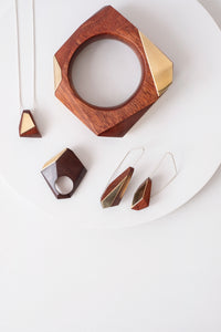 Set of Bloodwood and Brass jewelry including matching Bangle, Necklace, Ring and earring