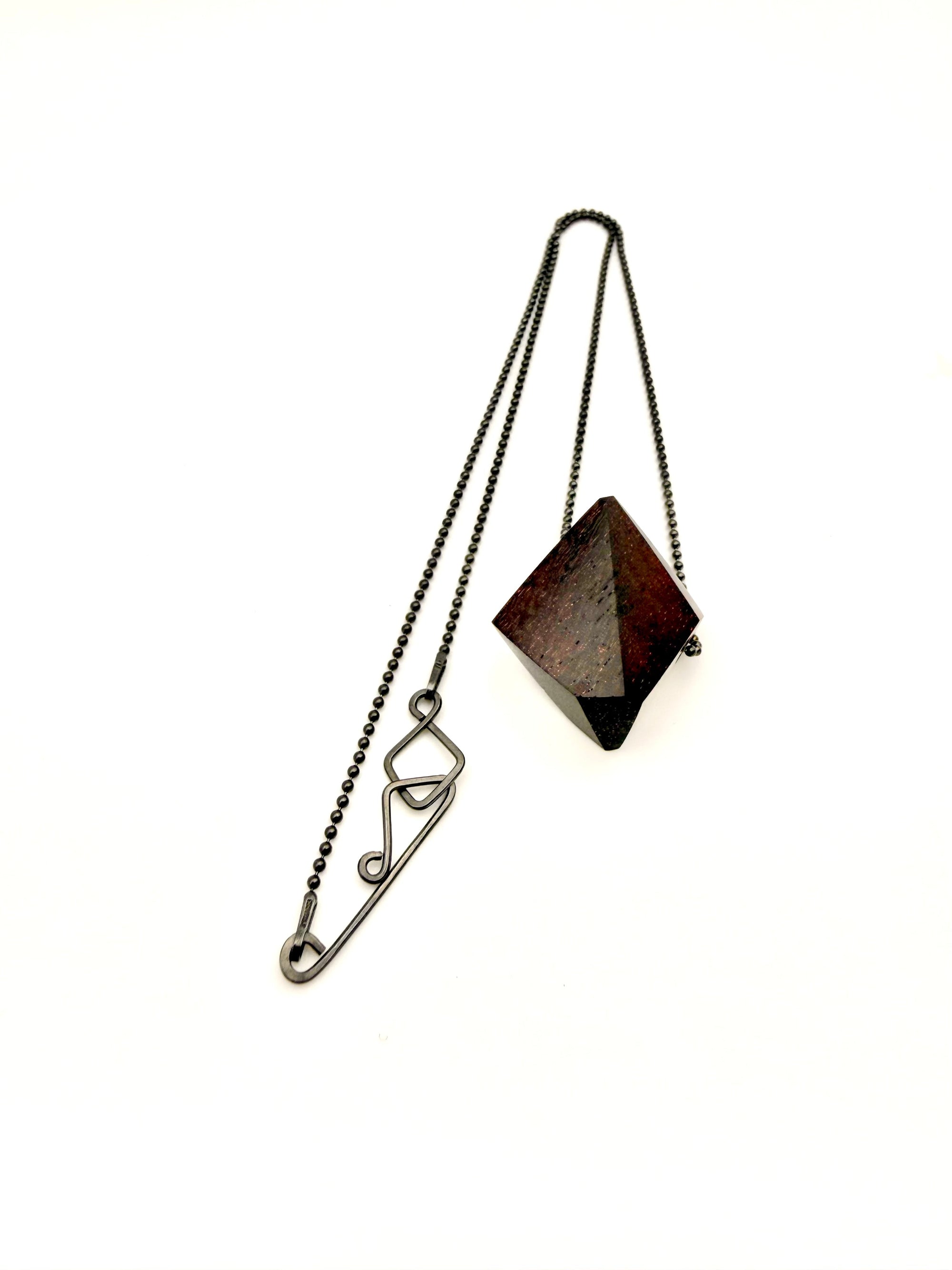 Geometric wood pendant necklace with Oxidized Silver Ball Chain and custom clasp on a white background