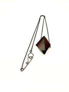 Geometric wood pendant necklace with Oxidized Silver Ball Chain and custom clasp on a white background