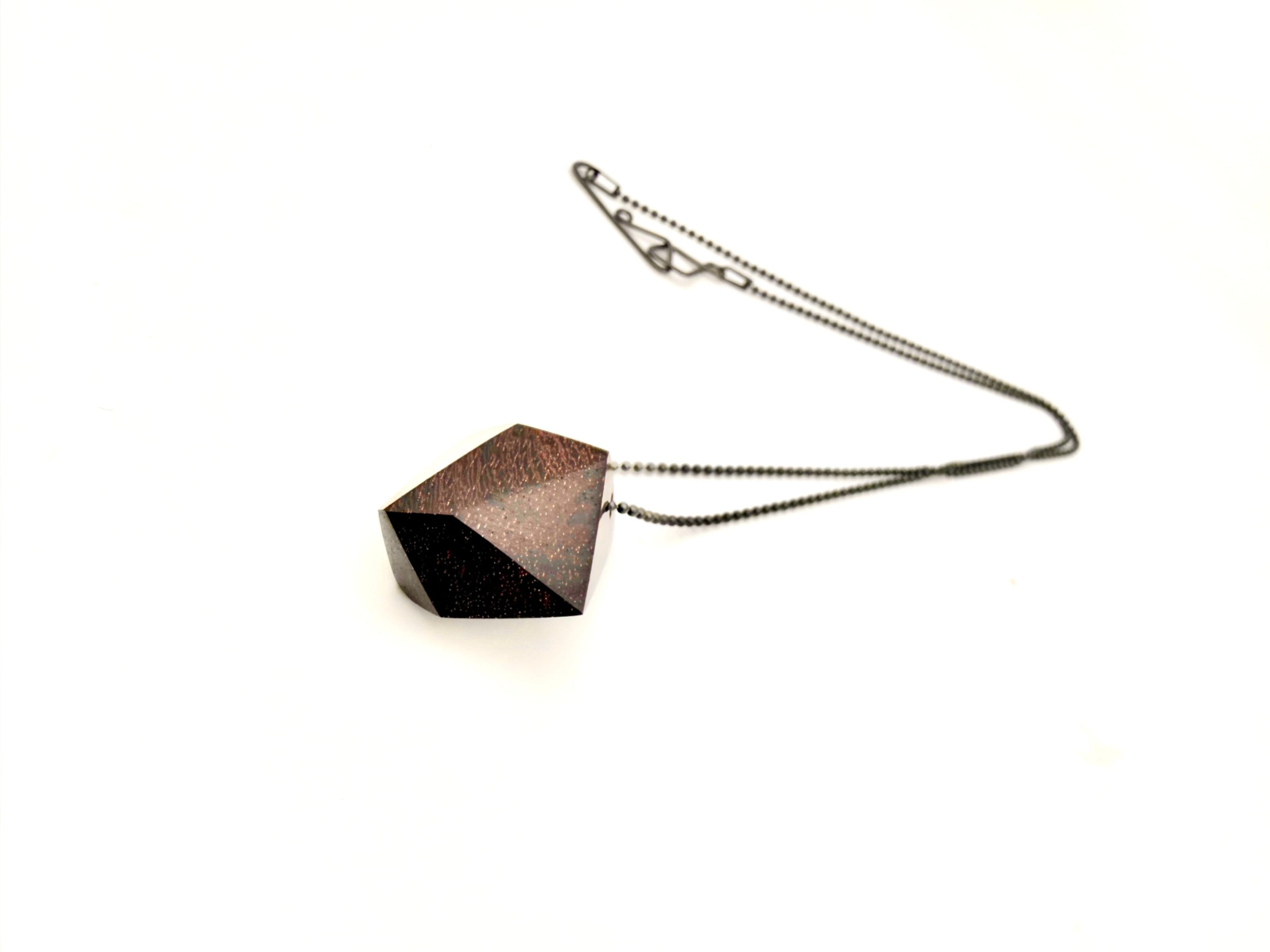 Geometric wood pendant necklace with Oxidized Silver Ball Chain and custom clasp on a white background
