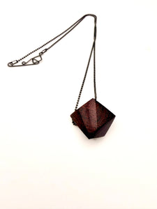 Geometric wood pendant necklace with Oxidized Silver Ball Chain and custom clasp on a white background