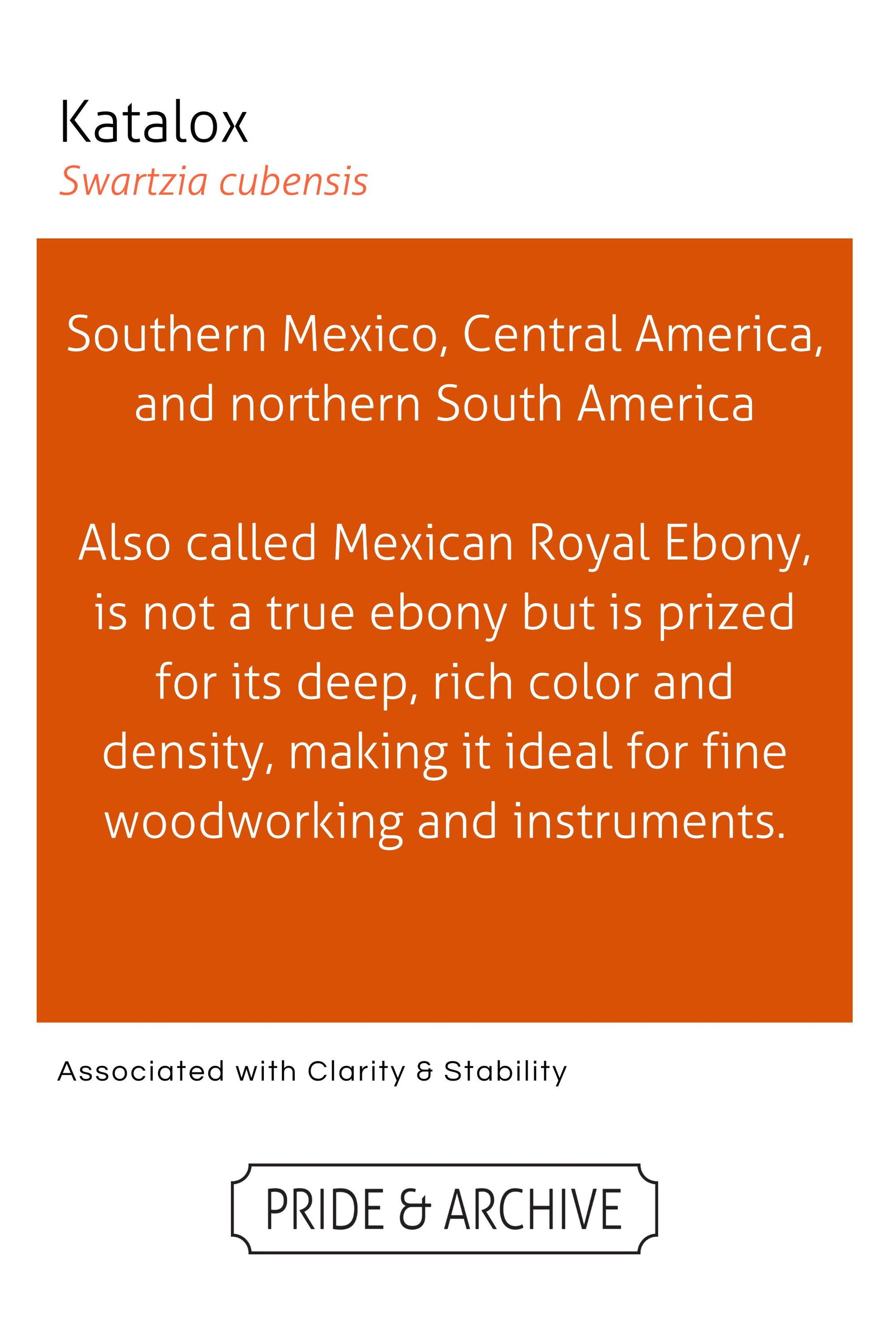 Information about Katalox wood on a white background with text and branding.