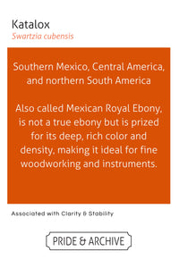 Information about Katalox wood on a white background with text and branding.