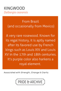 Informational text about Kingwood wood on a white background with orange border