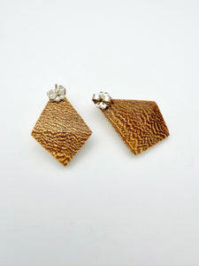 Blonde wood earrings with dramatic end grain back view with silver posts.