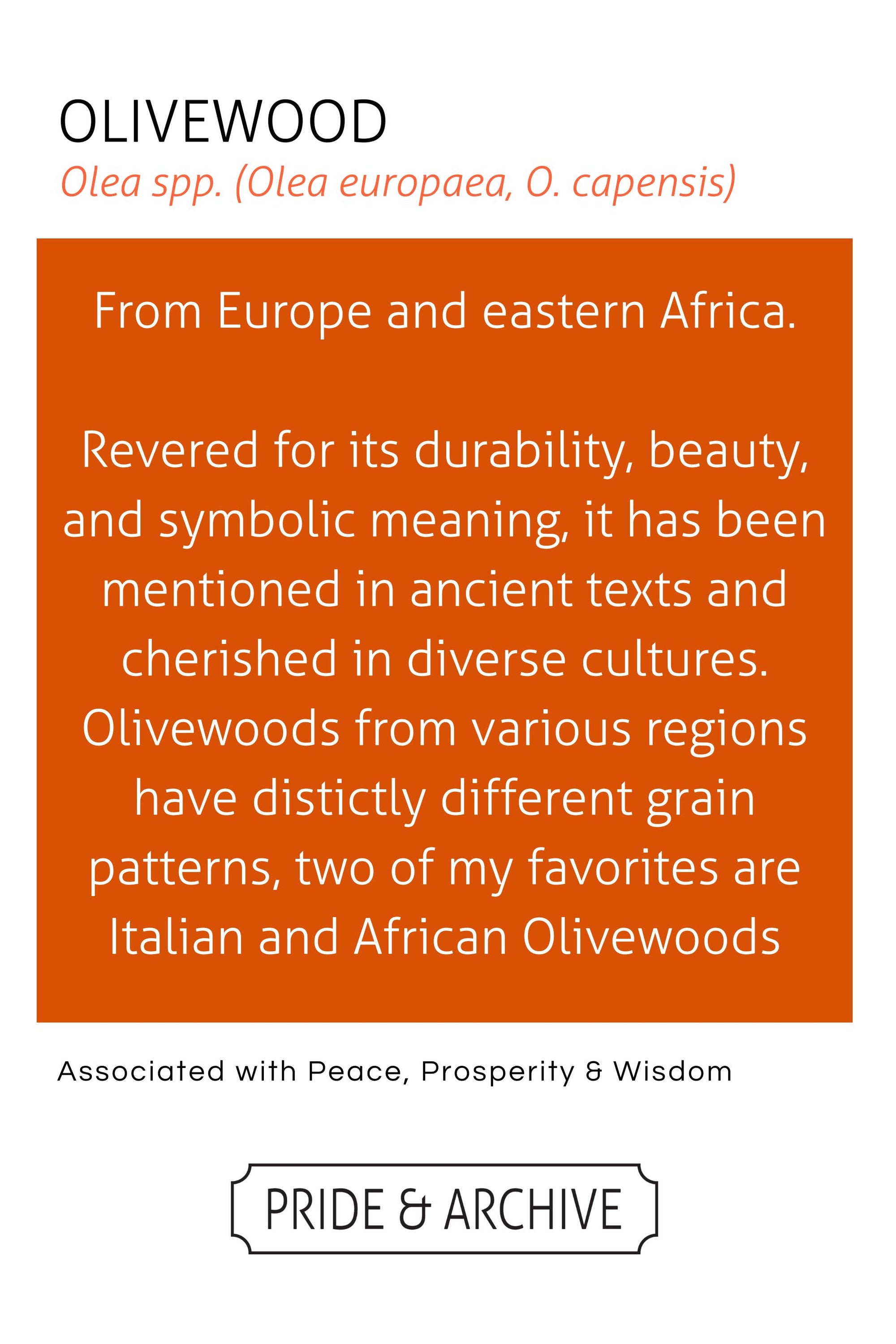 Informational text about Olivewood on a white background with an orange border.