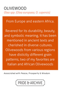 Informational text about Olivewood on a white background with an orange border.