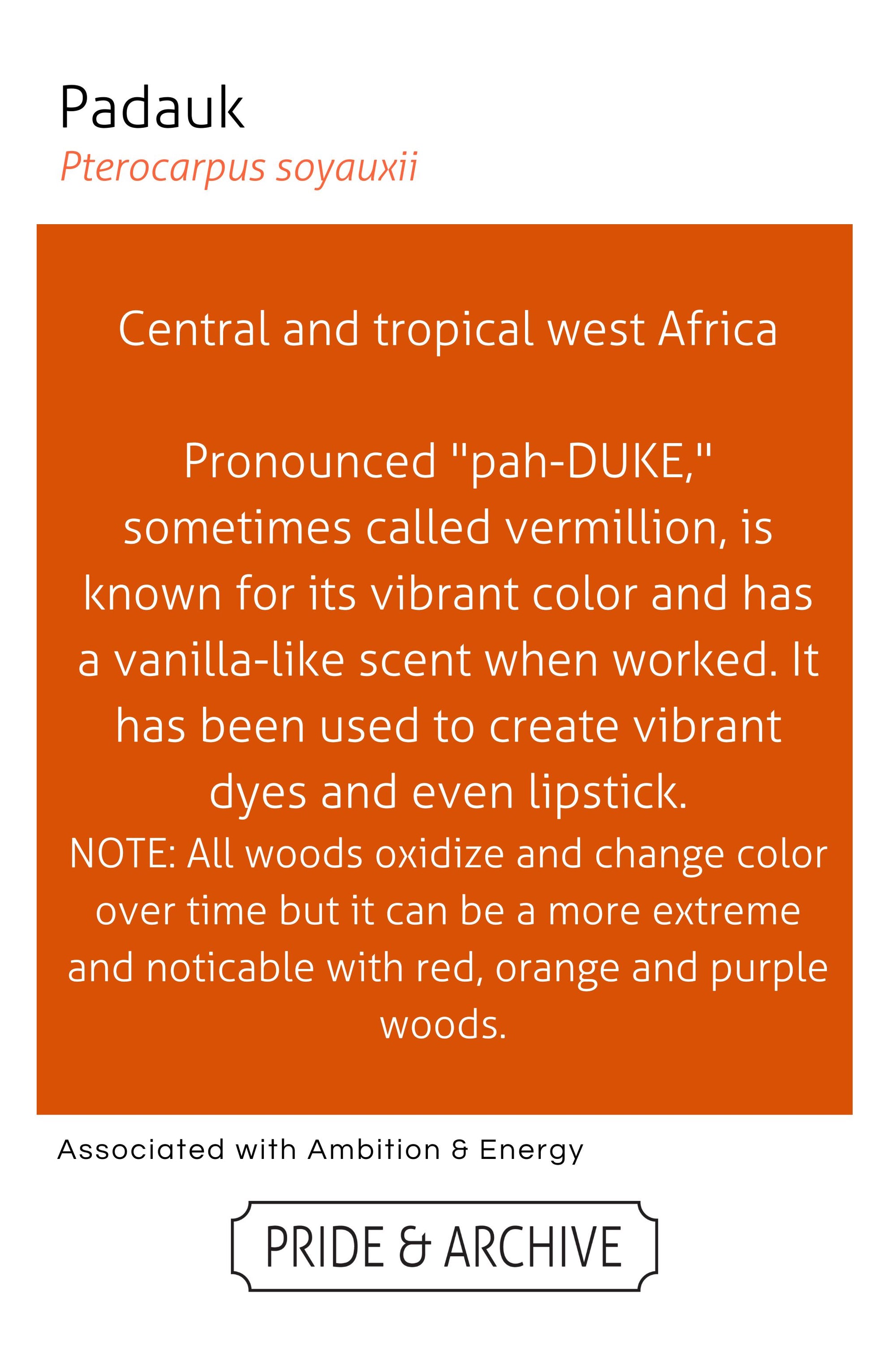 Information about Padauk wood on an orange background with text.