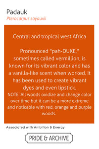 Information about Padauk wood on an orange background with text.
