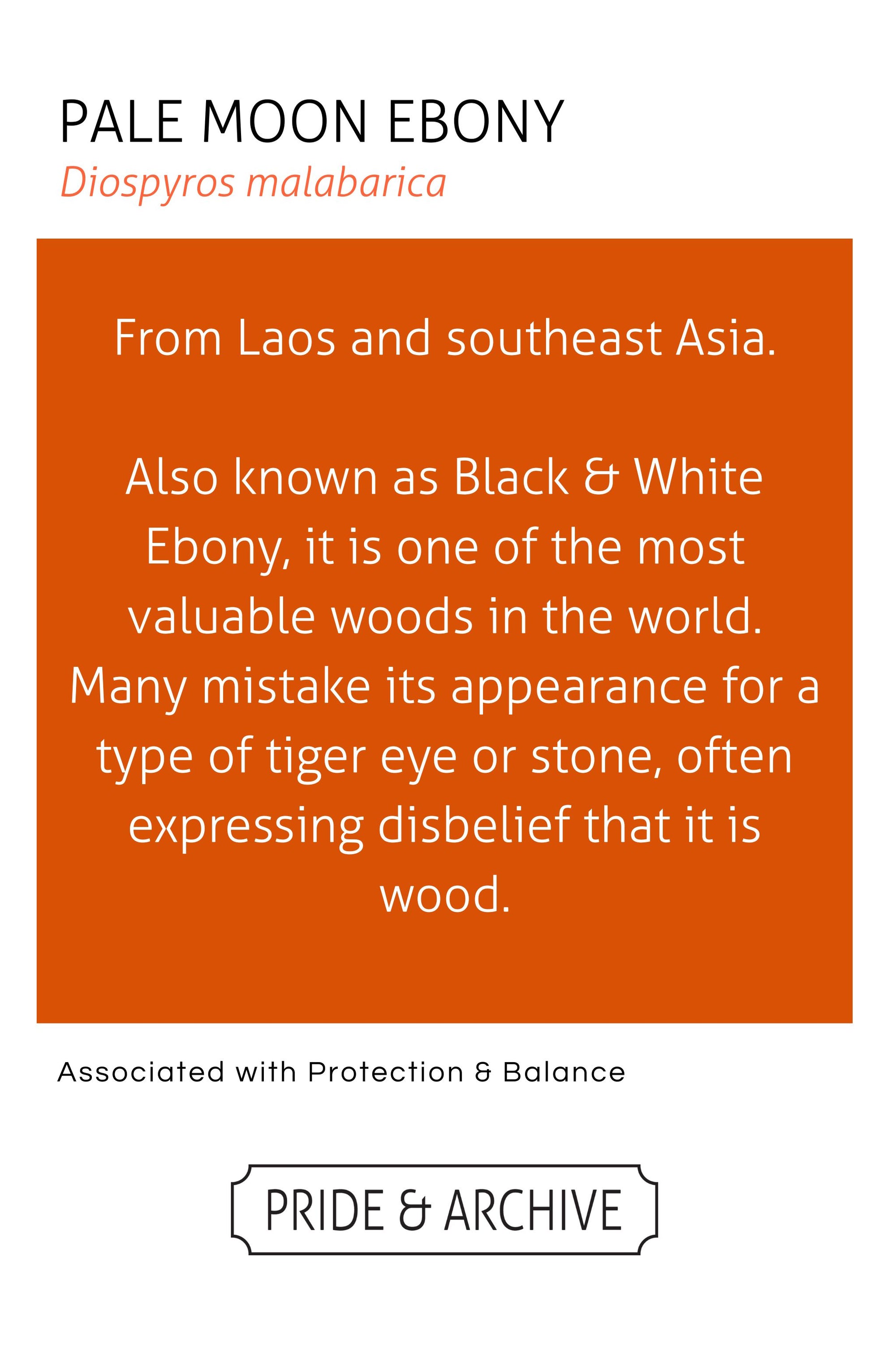 Informational text about Pale Moon Ebony on a white background with an orange box.