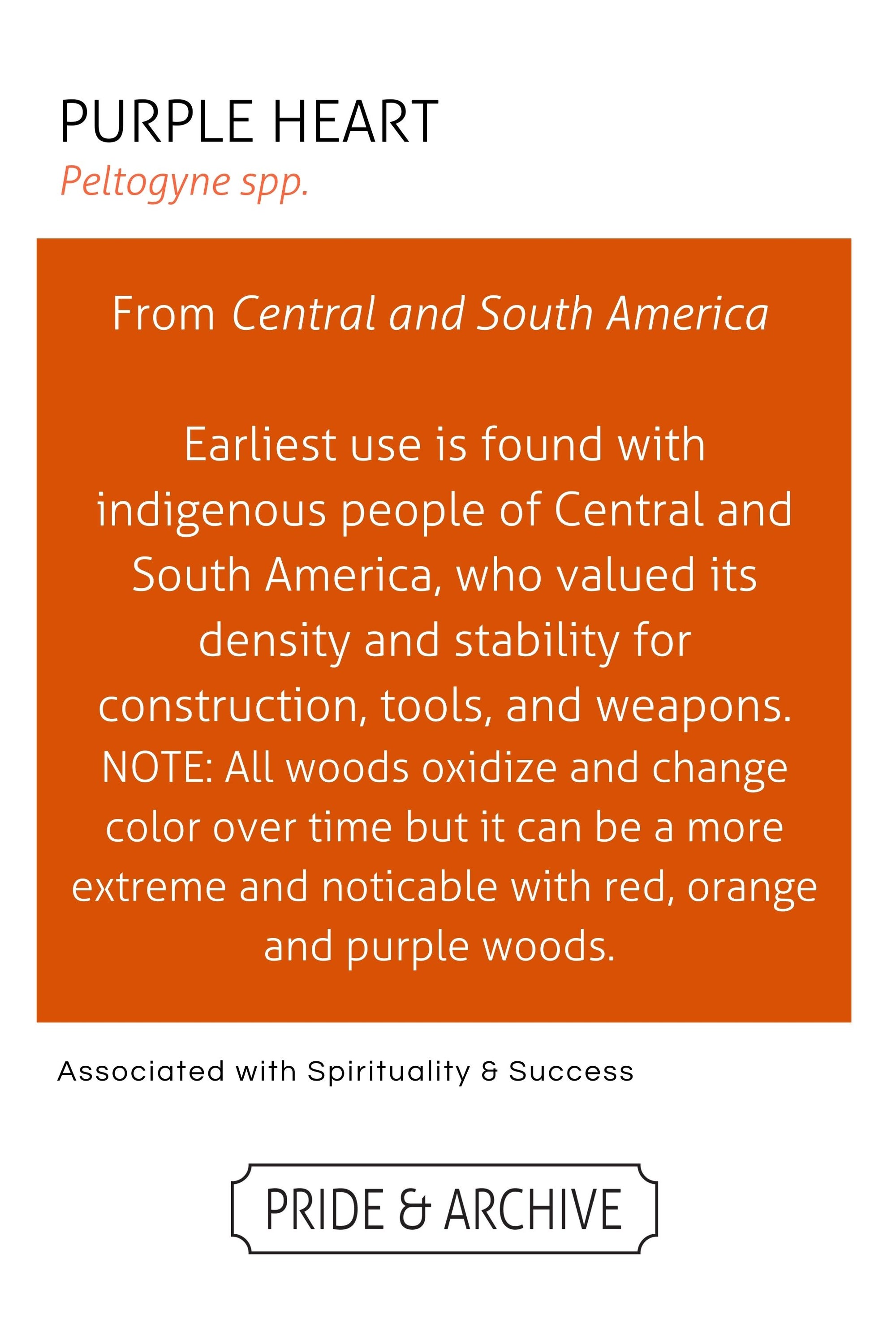 White and Orange tag with information on Purple Heart wood. 