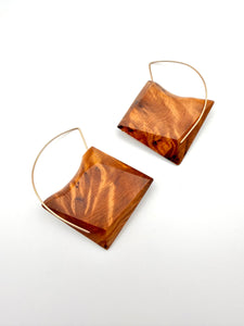 Wooden earrings with gold hoop accents on a white background