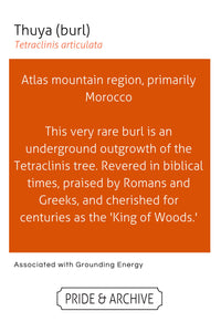 Informational text about Thuya burl on an orange background with white text.