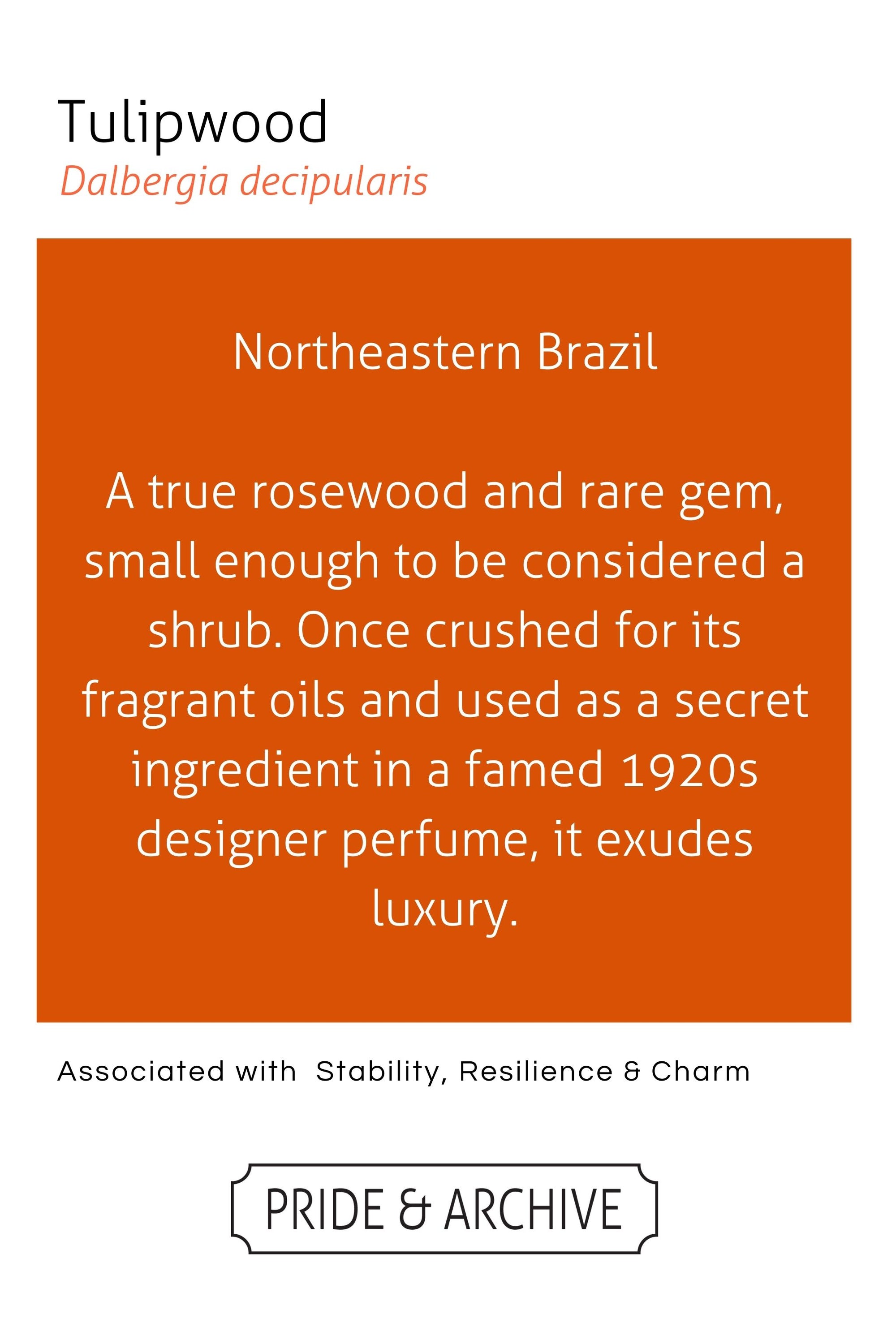 Informational text about Tulipwood with an orange background and 'Pride & Archive' branding.