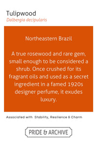 Informational text about Tulipwood with an orange background and 'Pride & Archive' branding.