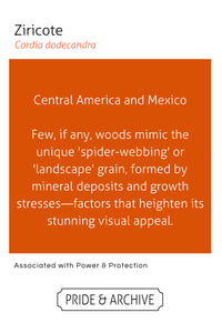 Card with text about Zircote wood, from Central America and Mexico, associated with Power and Protection.